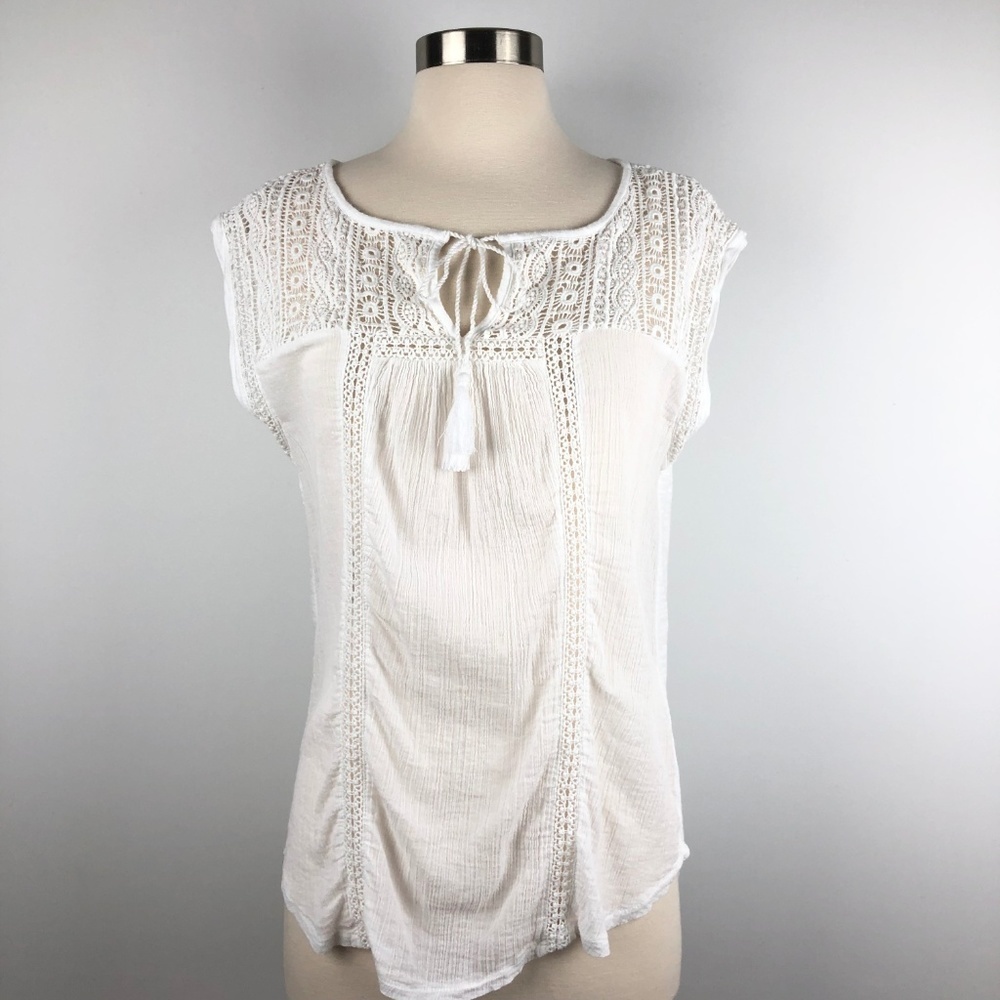 Lucky Brand Lace Yoke Top Small - Picture 2 of 7